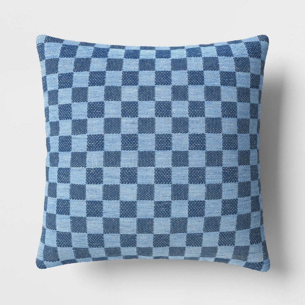 Checkerboard Woven Cotton Square Throw Pillow Blue