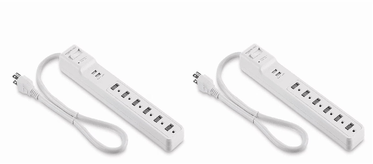 2 Set of Basics Surge Protector Power Strip with 2 USB Ports, 6 Outlet Extension Cord, 1000 Joule, Rectangle, 2 ft Cord Length, Black